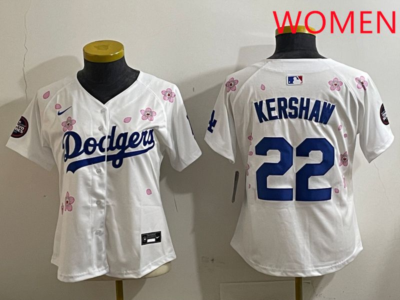 Women Los Angeles Dodgers #22 Kershaw White Sakura Edition 2025 Nike MLB Jersey style 1->women mlb jersey->Women Jersey